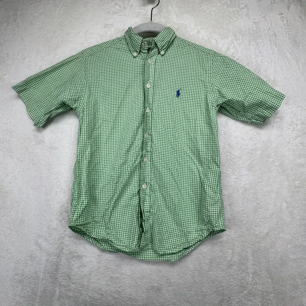 Ralph Lauren Button Shirt Boys S 8 Green Gingham Pony Short Sleeve Preppy
